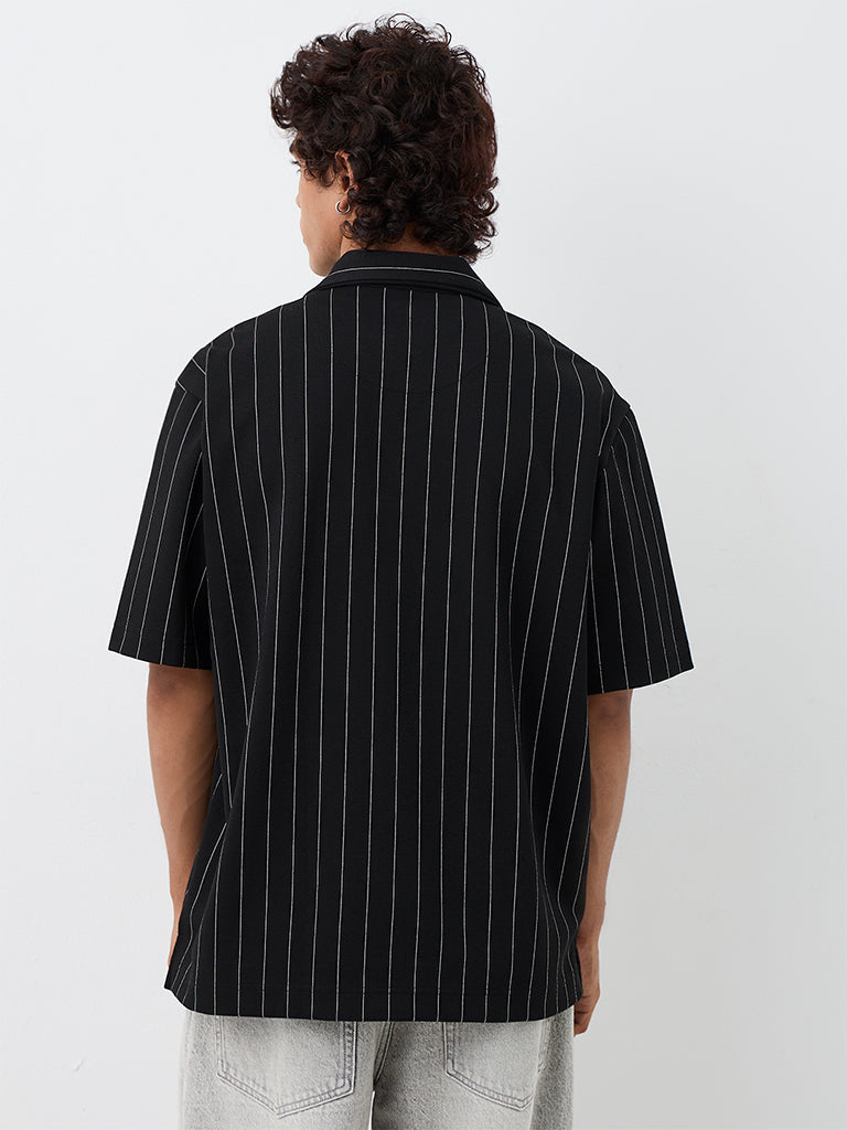 Nuon Black Striped Relaxed-Fit Cotton-Blend Shirt