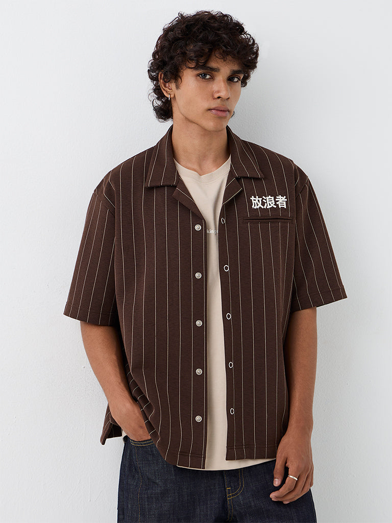 Nuon Dark Brown Striped Relaxed-Fit Cotton-Blend Shirt