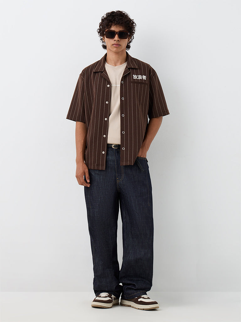Nuon Dark Brown Striped Relaxed-Fit Cotton-Blend Shirt