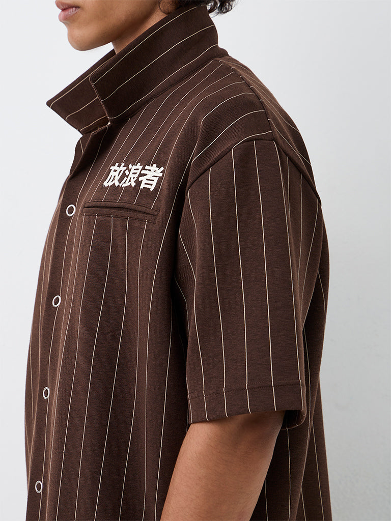 Nuon Dark Brown Striped Relaxed-Fit Cotton-Blend Shirt