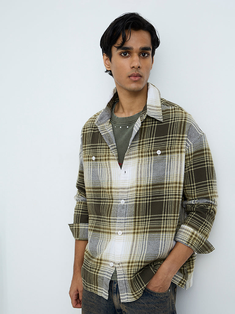 Nuon Green Checkered Printed Relaxed-Fit Cotton Shirt