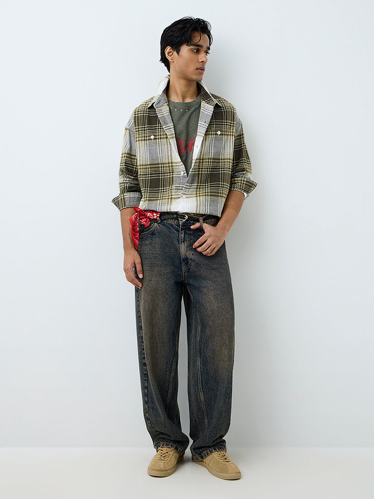 Nuon Green Checkered Printed Relaxed-Fit Cotton Shirt
