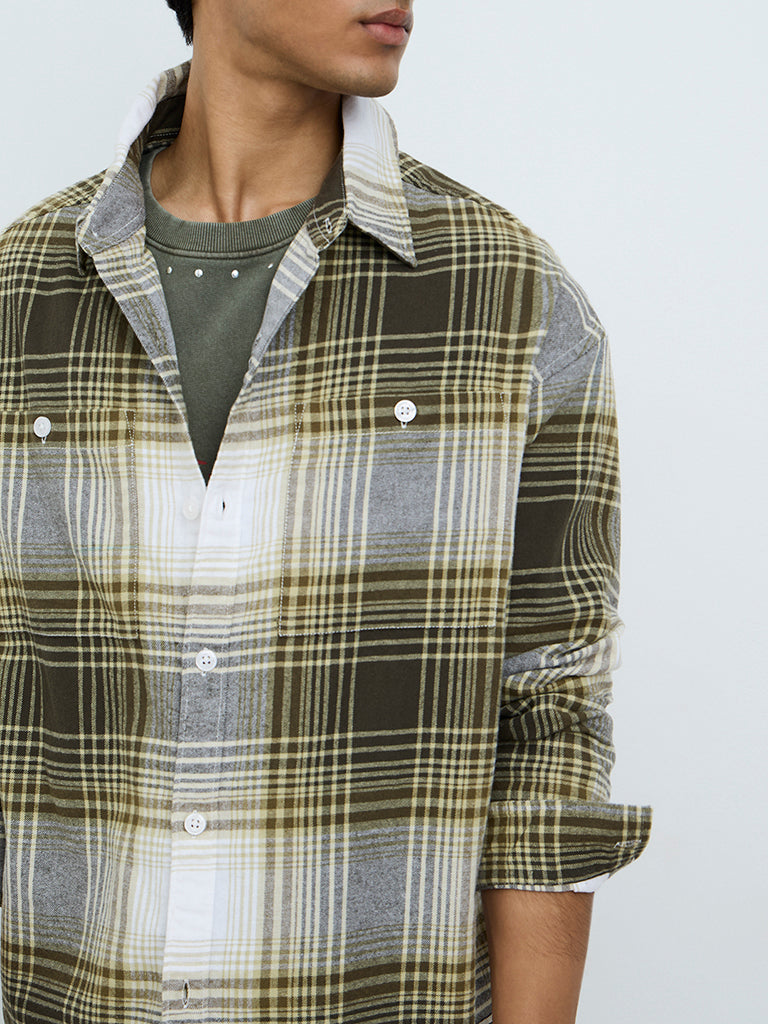 Nuon Green Checkered Printed Relaxed-Fit Cotton Shirt