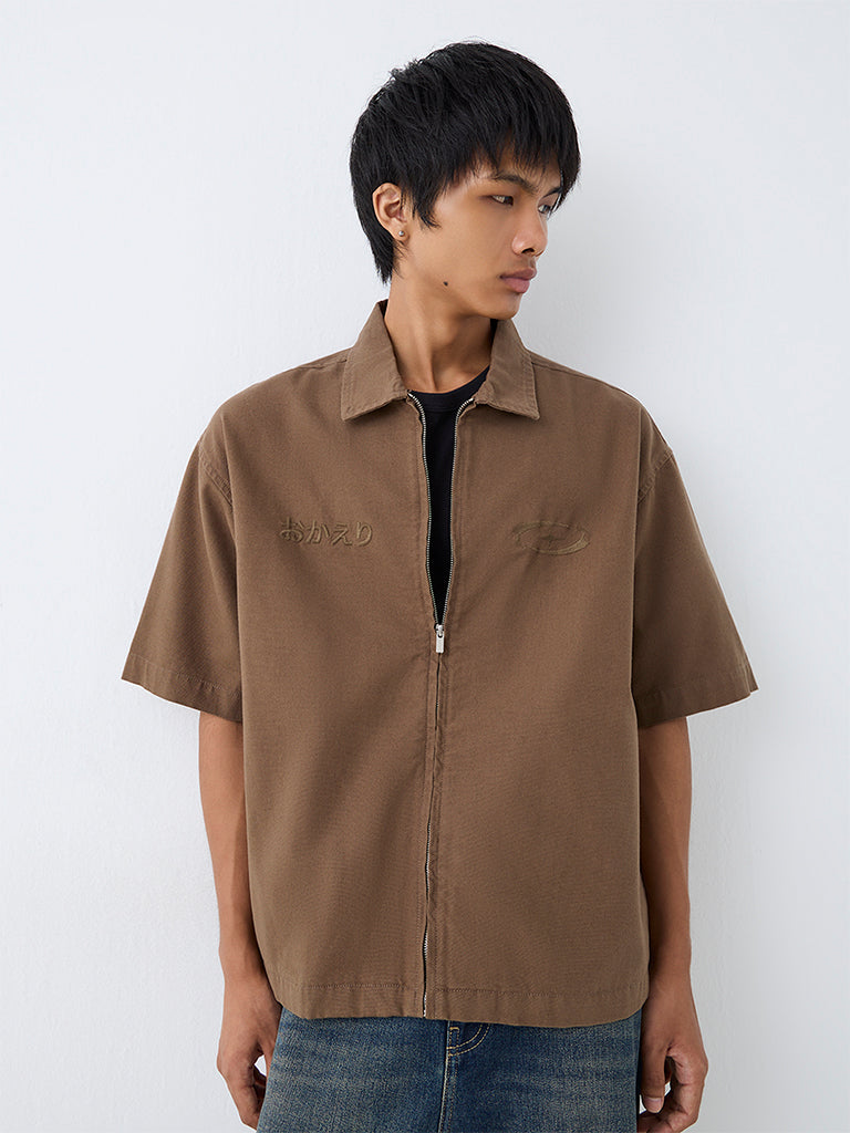 Nuon Brown Text Embroidered Relaxed-Fit Denim Shirt