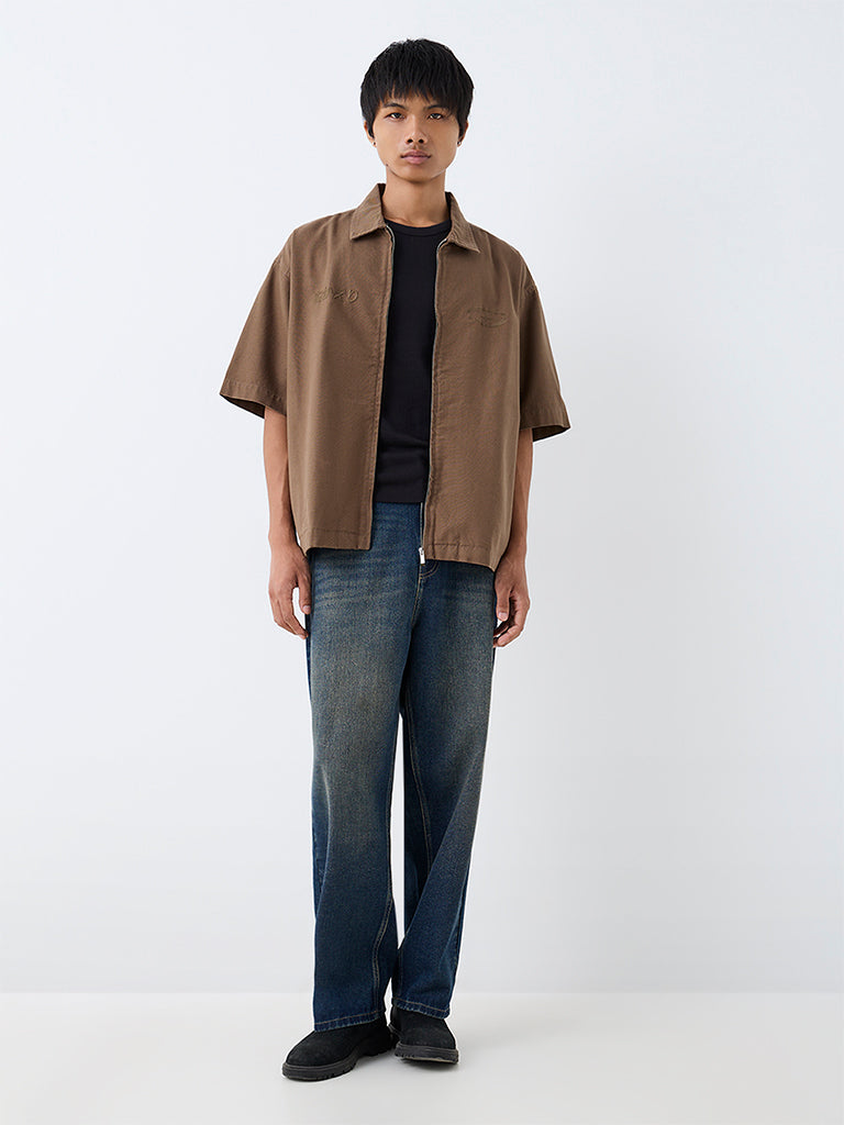 Nuon Brown Text Embroidered Relaxed-Fit Denim Shirt