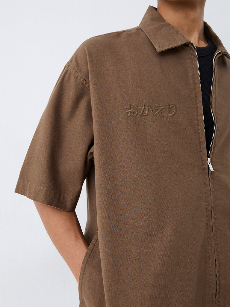 Nuon Brown Text Embroidered Relaxed-Fit Denim Shirt