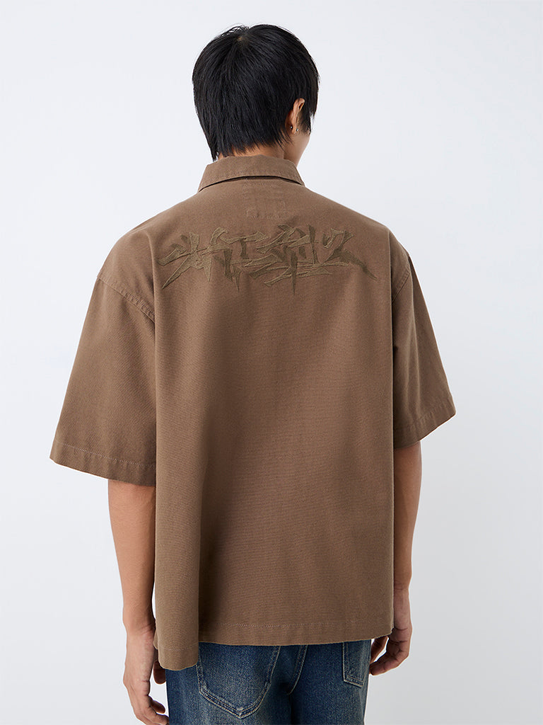 Nuon Brown Text Embroidered Relaxed-Fit Denim Shirt