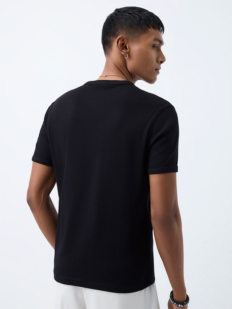 Nuon Black Ribbed-Textured Slim-Fit Cotton-Blend  T-Shirt