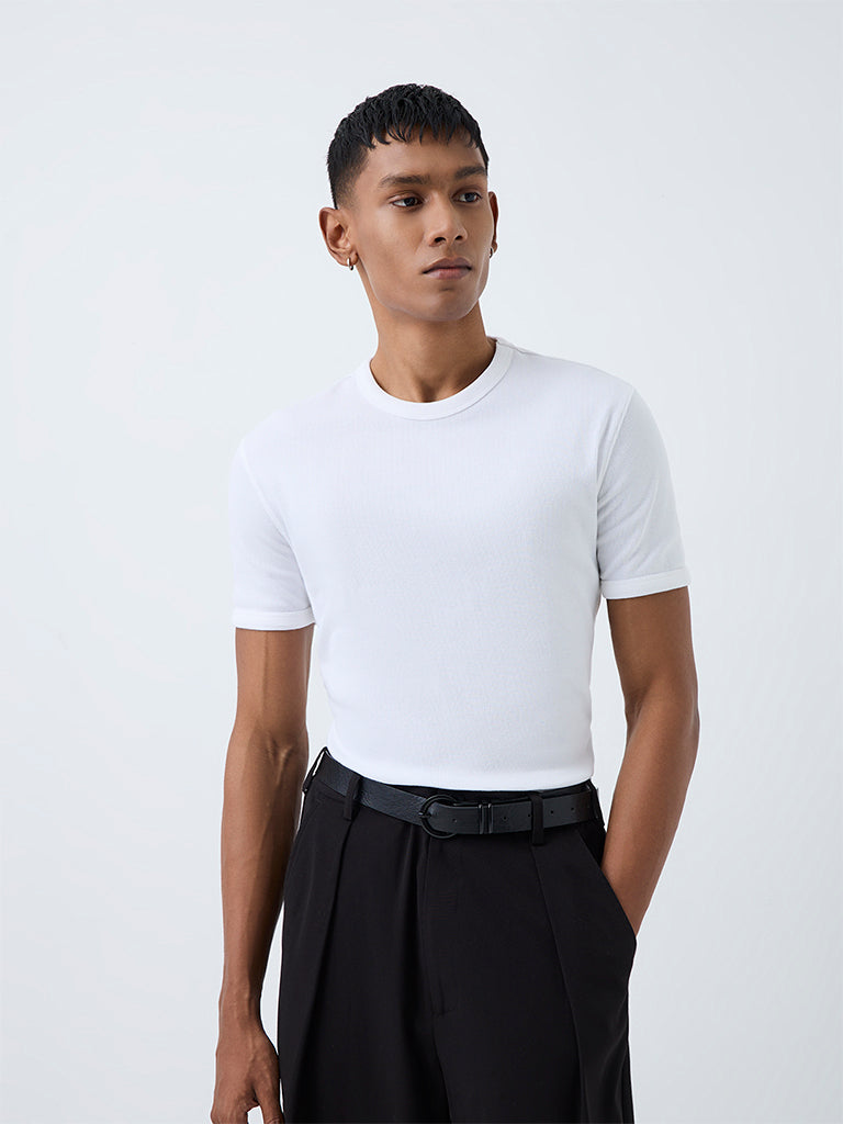 Nuon White Ribbed-Textured Slim-Fit Cotton-Blend  T-Shirt
