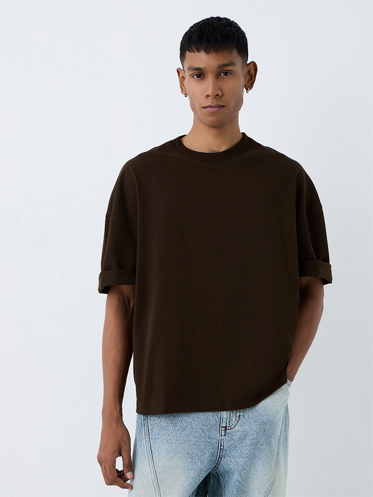 Nuon Dark Brown Solid Relaxed-Fit Cotton T-Shirt