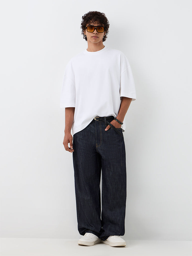 Nuon White Solid Oversized-Fit Cotton T-Shirt
