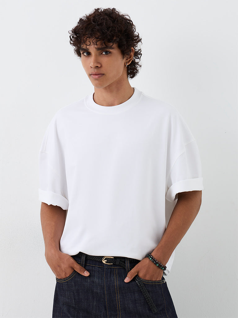 Nuon White Solid Oversized-Fit Cotton T-Shirt