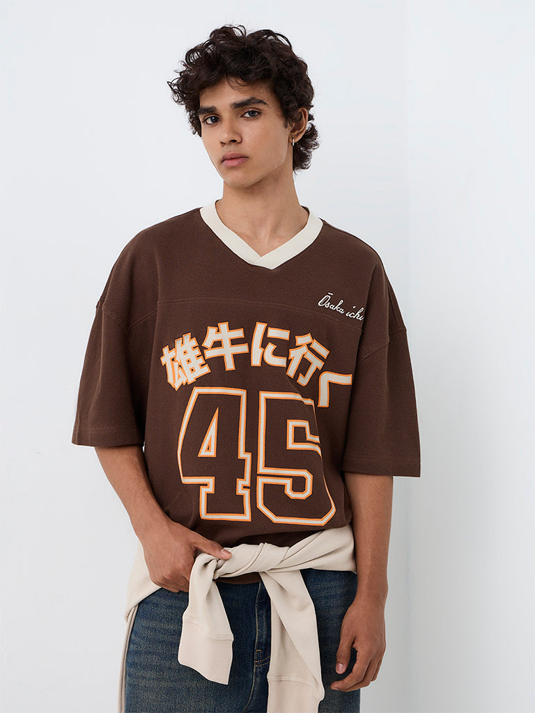 Nuon Brown Numerical Printed Oversized-Fit Cotton T-Shirt