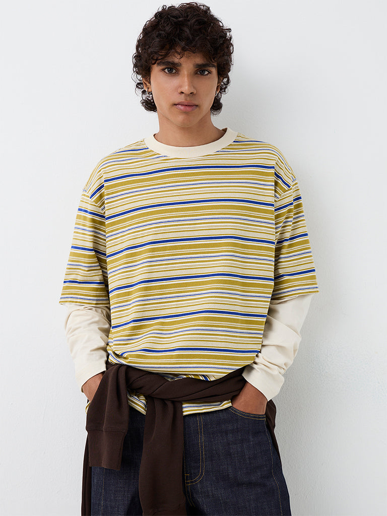 Nuon Light Mustard Striped Oversized-Fit Cotton T-Shirt