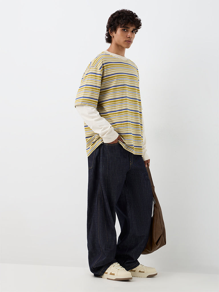 Nuon Light Mustard Striped Oversized-Fit Cotton T-Shirt