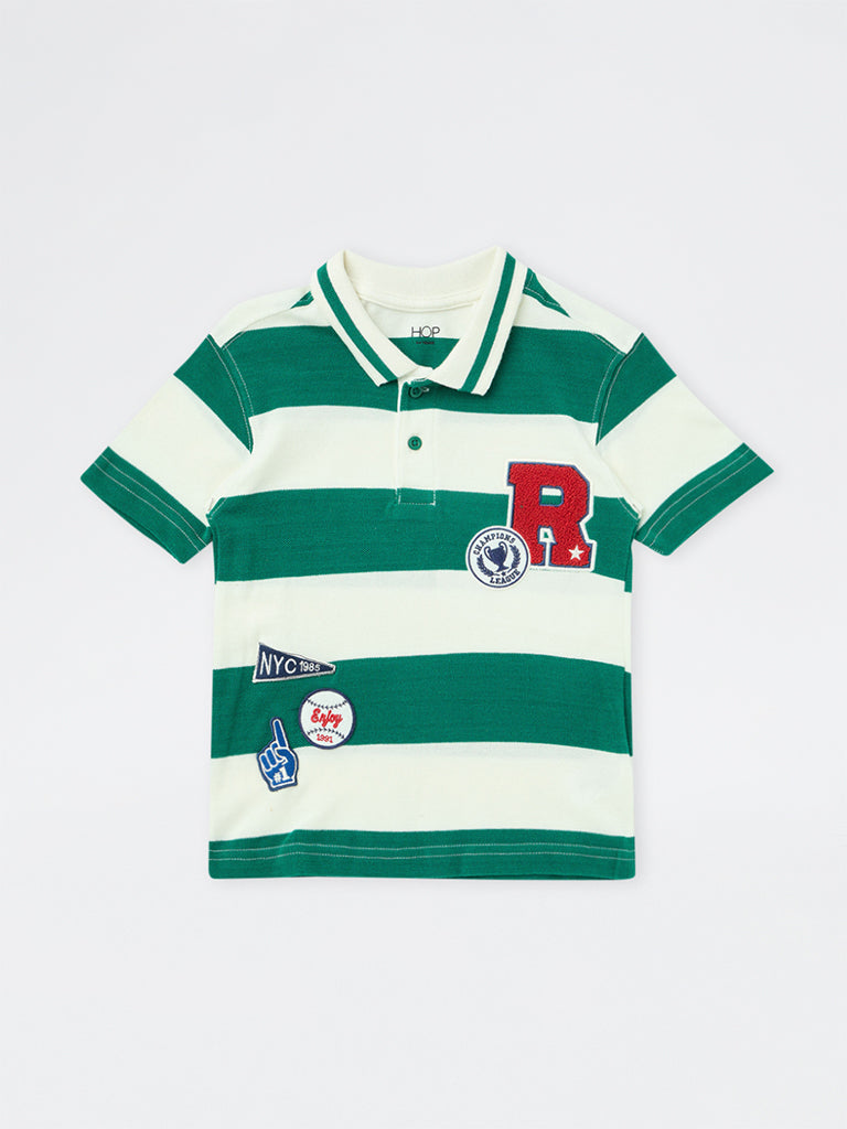 HOP Kids Boys Green Striped Patch-Detail Cotton T-Shirt