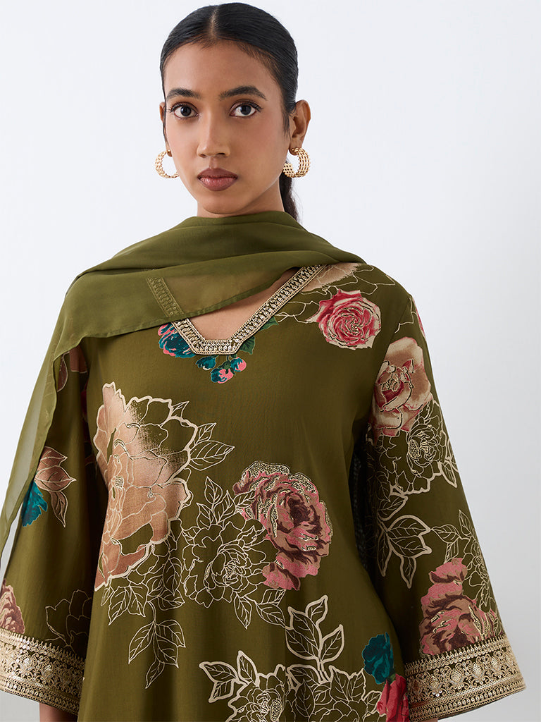 Vark Green Floral Printed A-Line Ethnic Set
