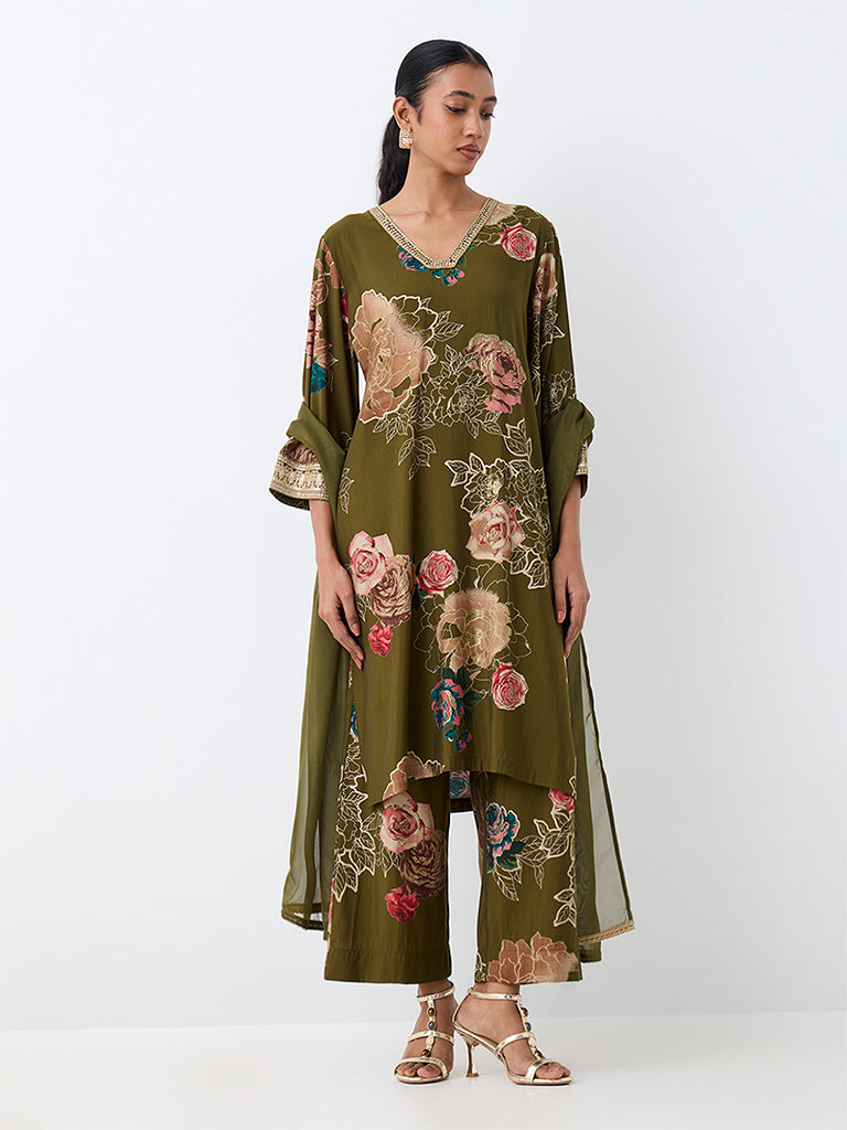 Vark Green Floral Printed A-Line Ethnic Set