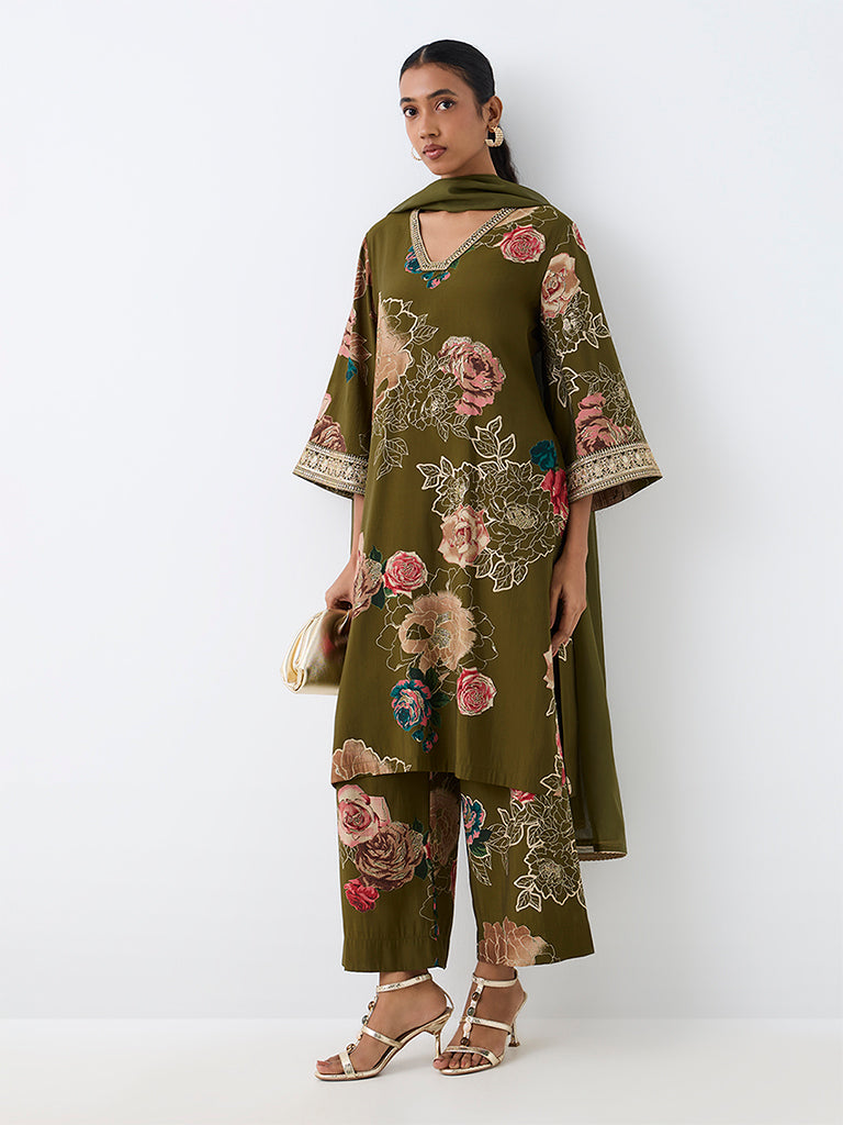 Vark Green Floral Printed A-Line Ethnic Set