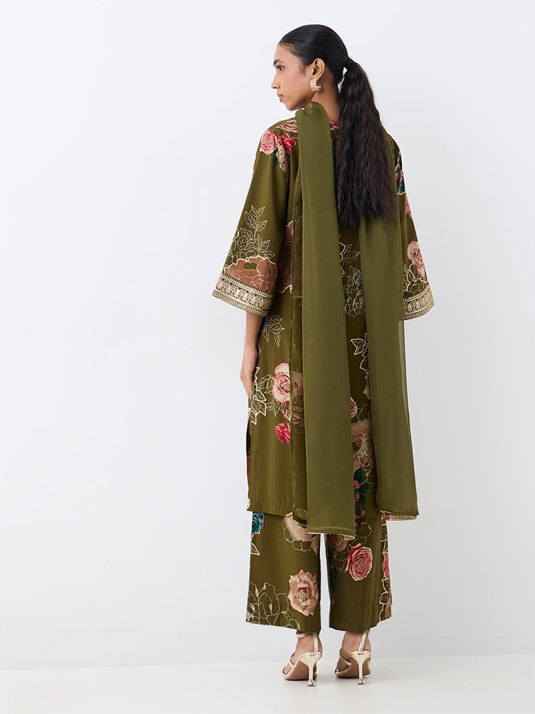 Vark Green Floral Printed A-Line Ethnic Set