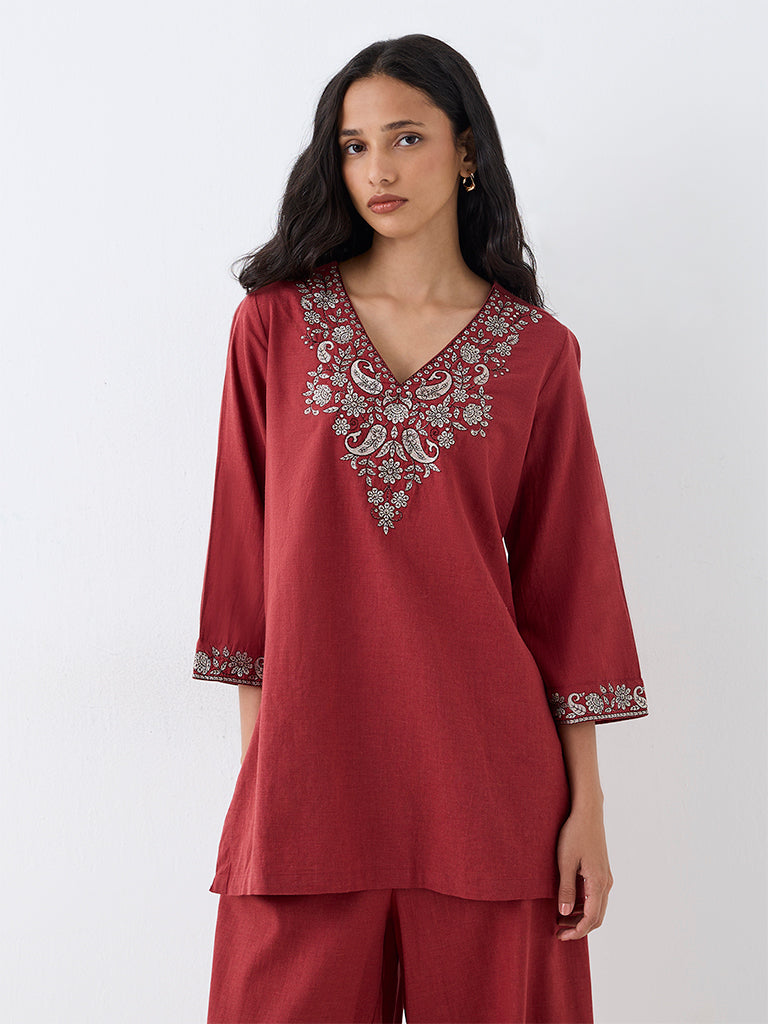Utsa Red Floral Embroidered Cotton Kurti