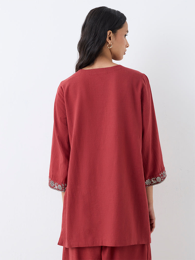 Utsa Red Floral Embroidered Cotton Kurti