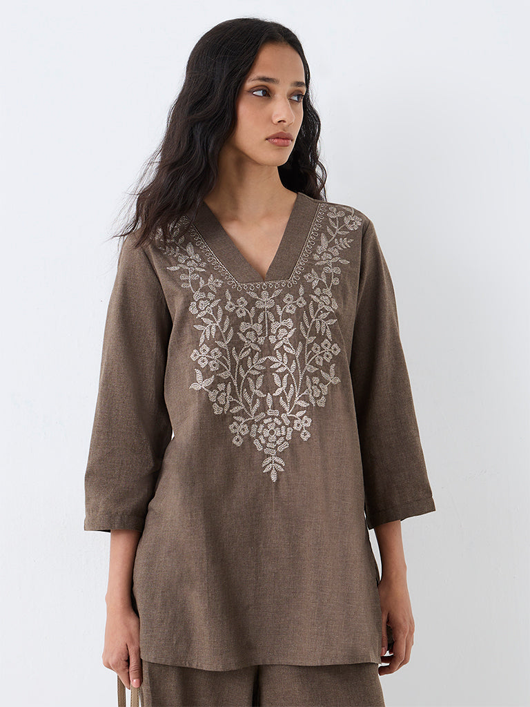 Utsa Dark Taupe Floral Embroidered Cotton Kurti