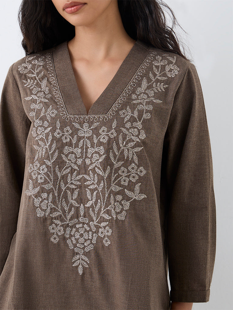 Utsa Dark Taupe Floral Embroidered Cotton Kurti