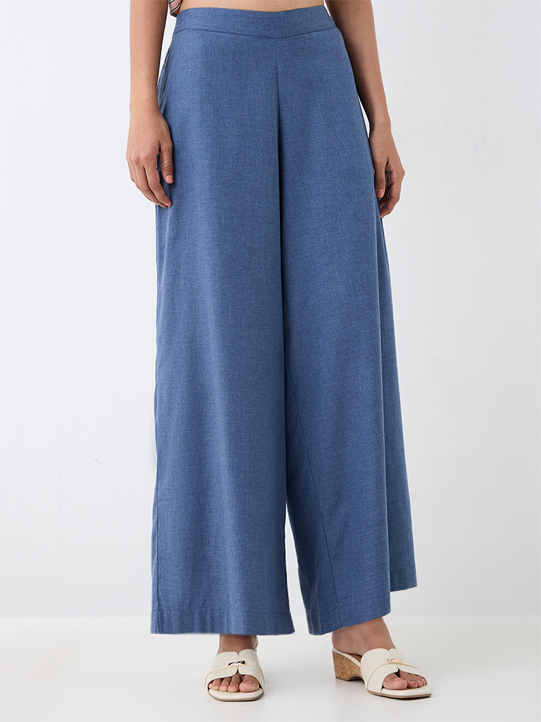Utsa Dusty Blue Solid Cotton Palazzos