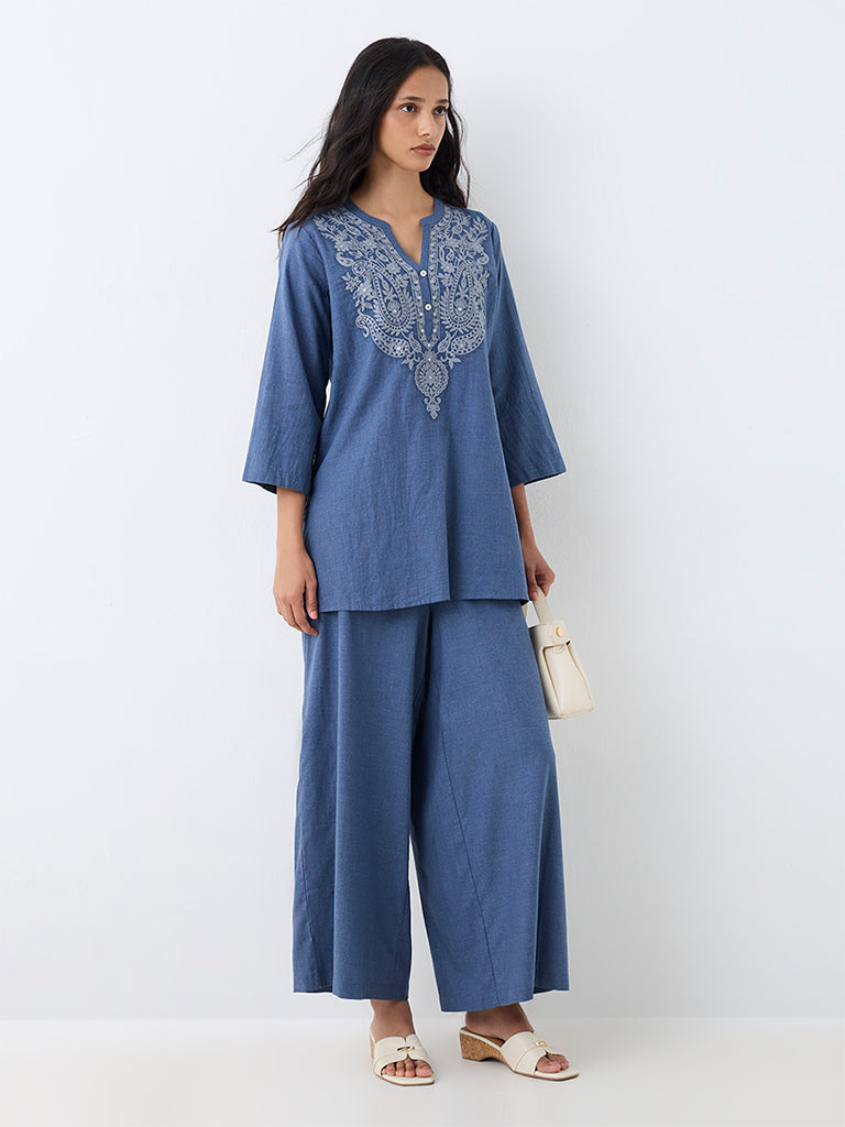 Utsa Dusty Blue Solid Cotton Palazzos