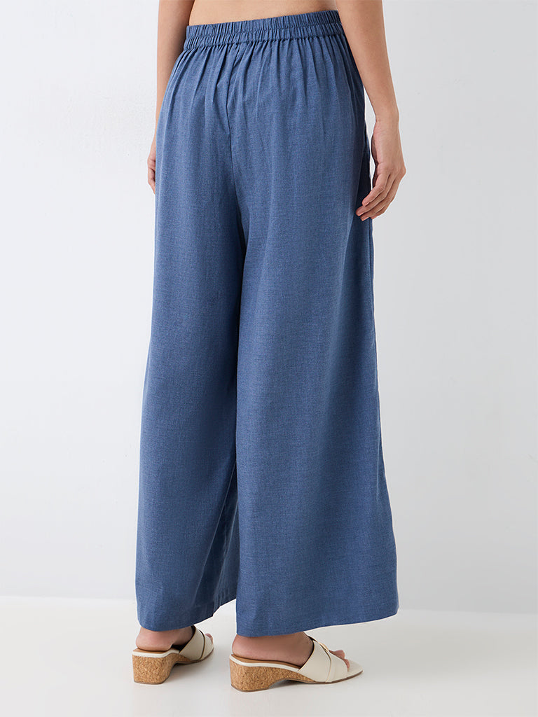 Utsa Dusty Blue Solid Cotton Palazzos