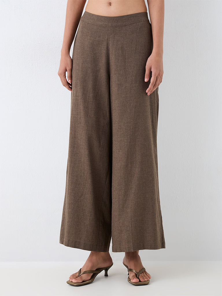 Utsa Dark Taupe Solid Cotton Palazzos