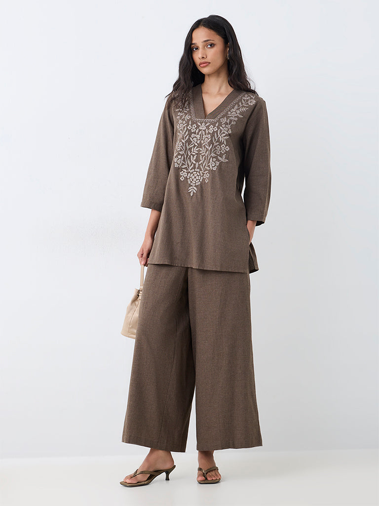 Utsa Dark Taupe Solid Cotton Palazzos