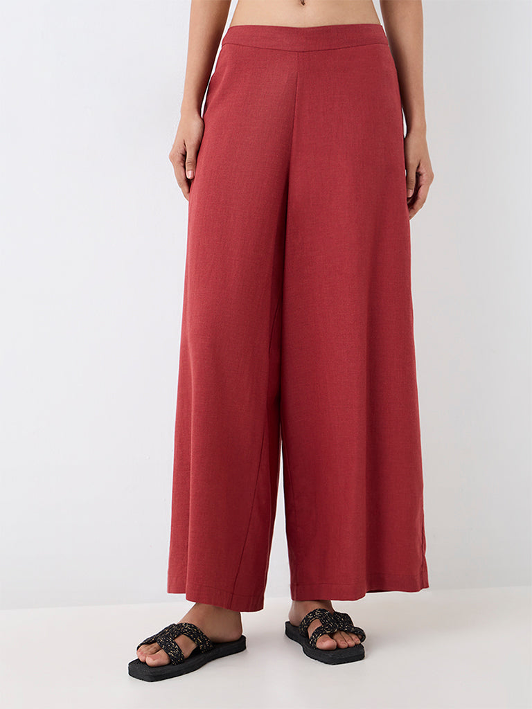 Utsa Red Solid Cotton Palazzos