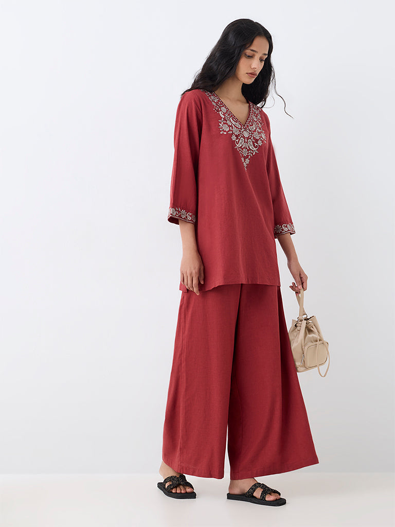 Utsa Red Solid Cotton Palazzos