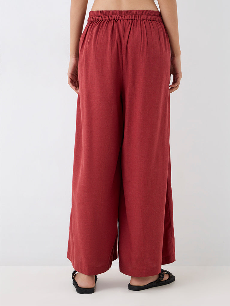 Utsa Red Solid Cotton Palazzos