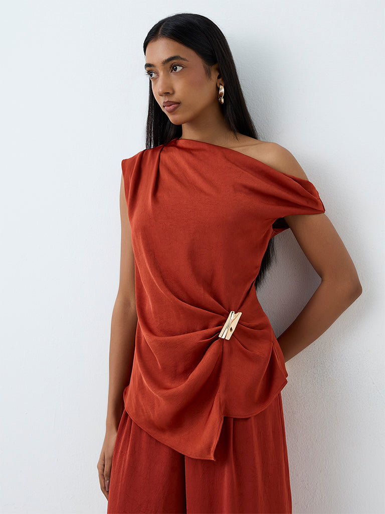 Wardrobe Rust Metal-Accent Draped One-Shoulder Top