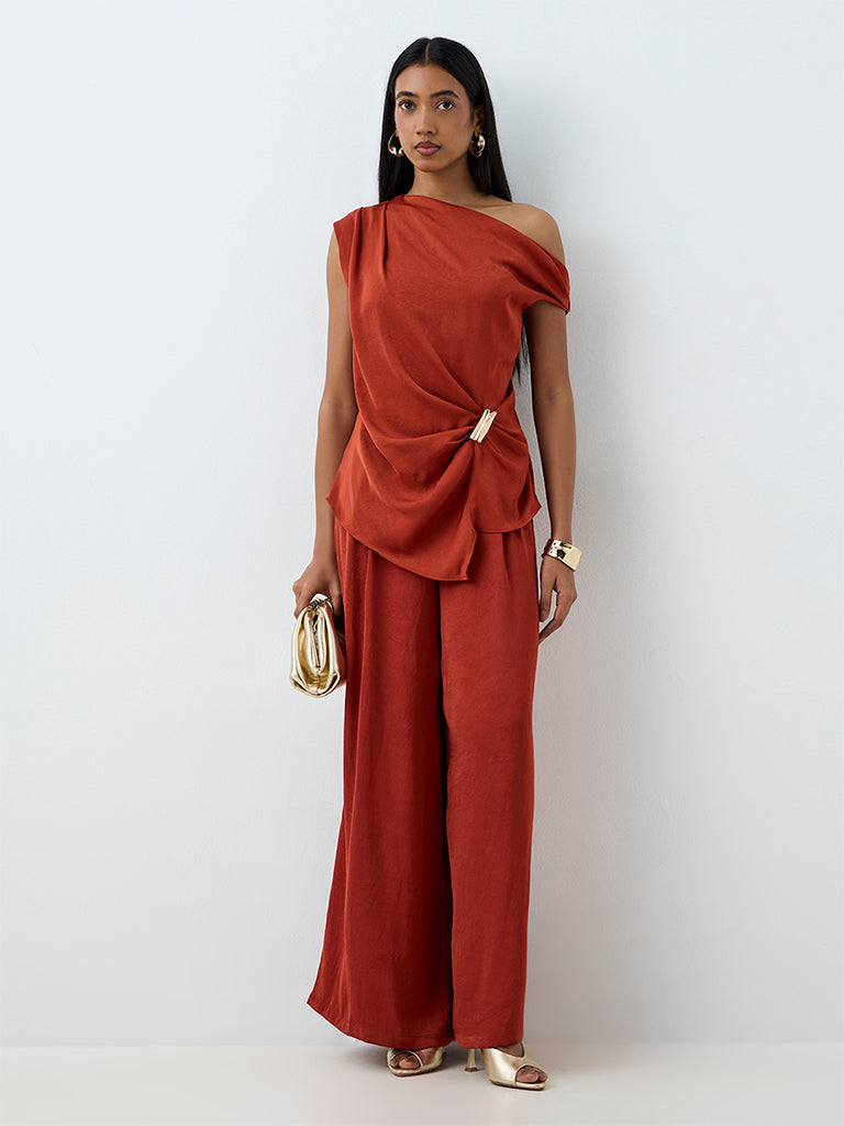 Wardrobe Rust Metal-Accent Draped One-Shoulder Top
