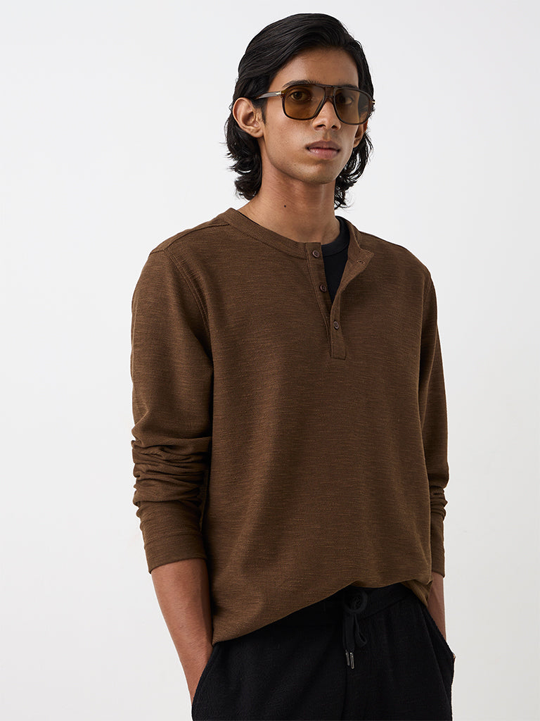 ETA Dark Brown Textured Relaxed-Fit Cotton-Blend Henley T-Shirt