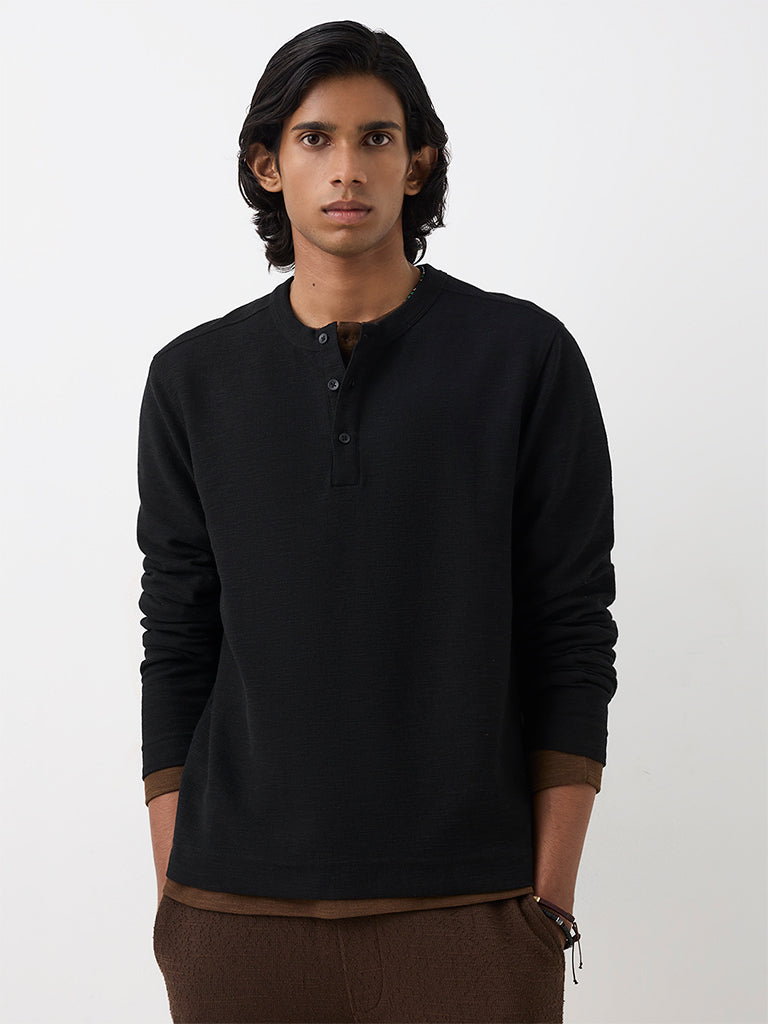 ETA Black Textured Relaxed-Fit Henley T-Shirt