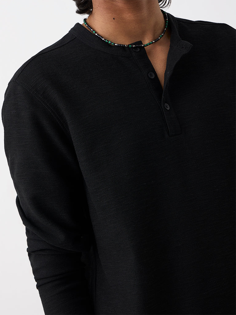 ETA Black Textured Relaxed-Fit Henley T-Shirt