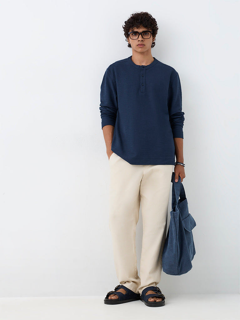 ETA Indigo Textured Relaxed-Fit Cotton-Blend Henley T-Shirt