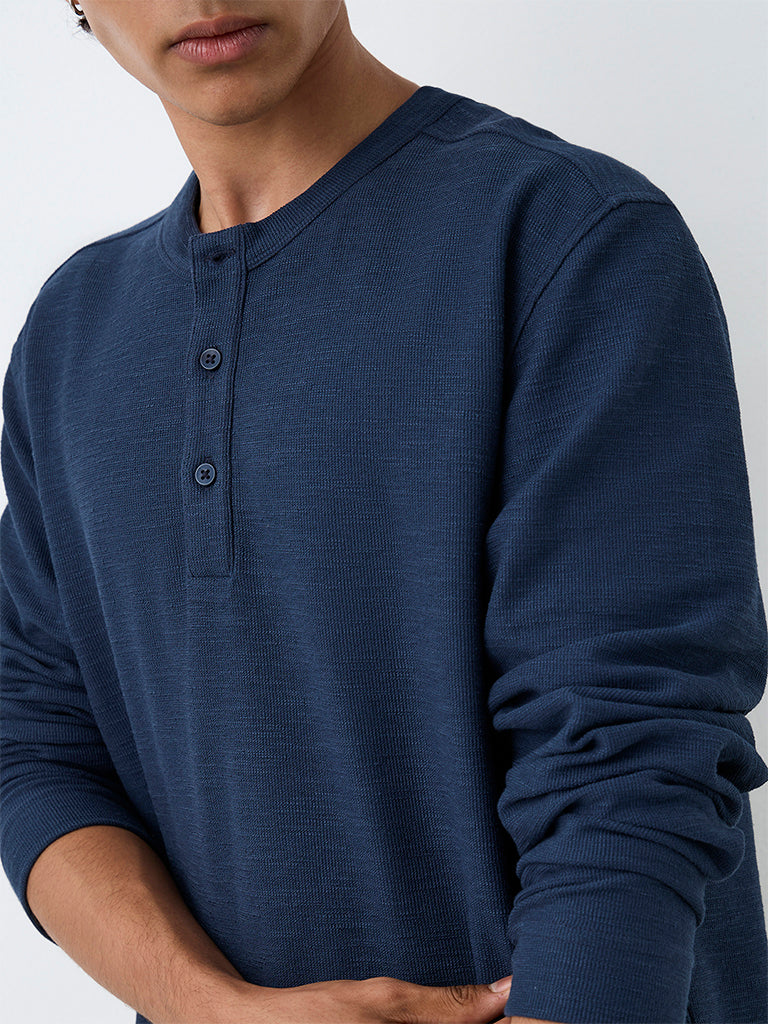 ETA Indigo Textured Relaxed-Fit Cotton-Blend Henley T-Shirt