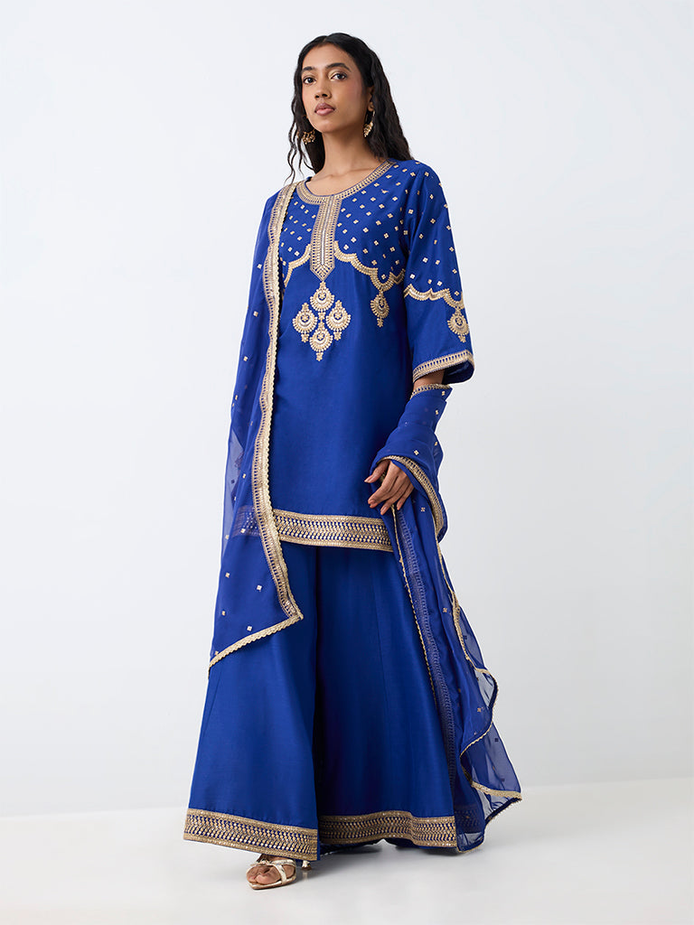Vark Blue Floral Embellished A-Line Kurta and Flared Palazzos Set