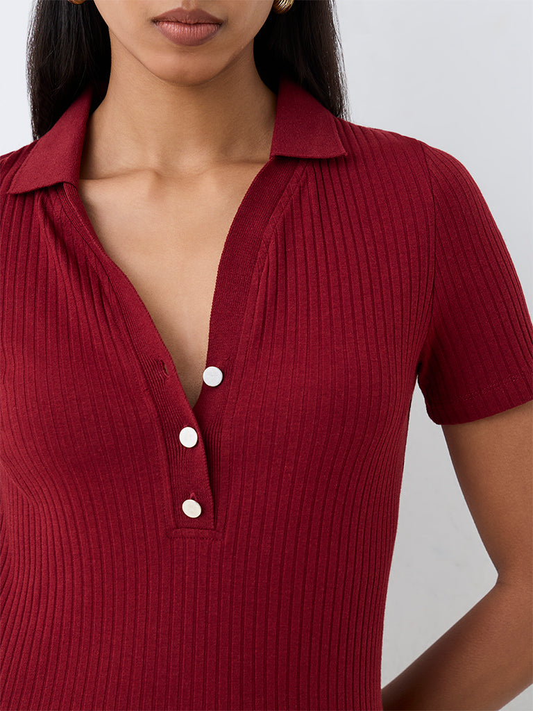 Wardrobe Red Ribbed Cotton-Blend T-Shirt