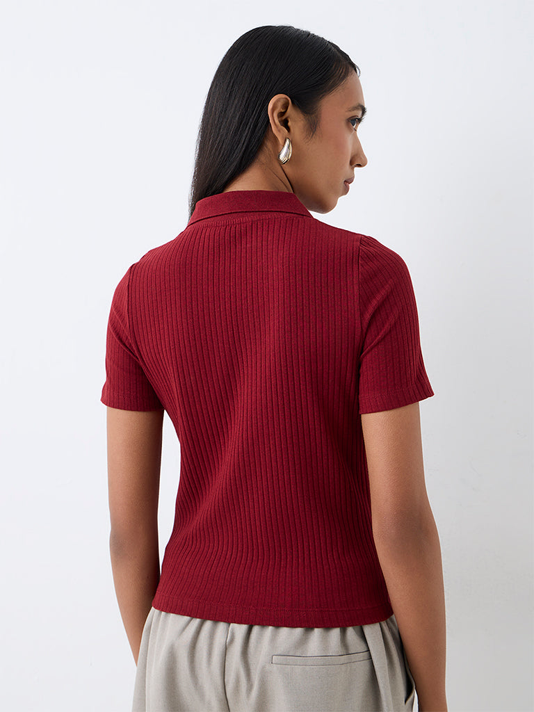 Wardrobe Red Ribbed Cotton-Blend T-Shirt