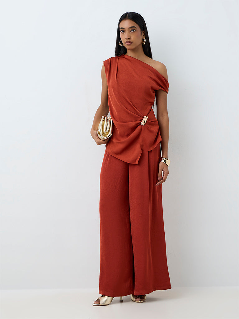 Wardrobe Rust Textured High-Rise Cotton Pants