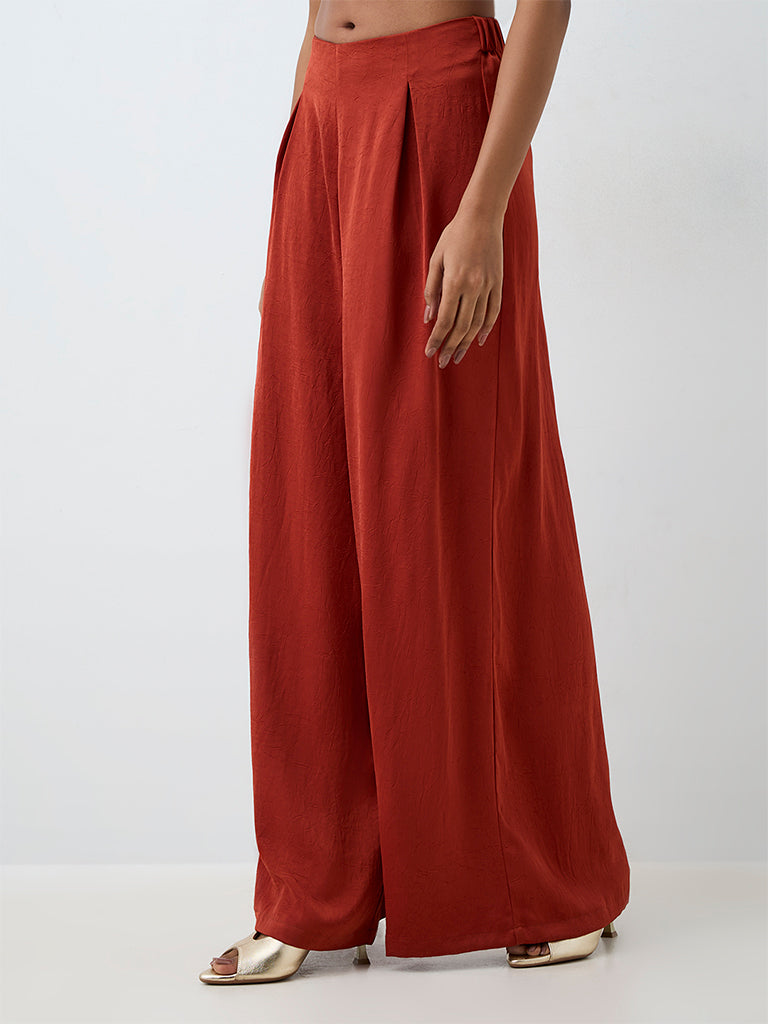 Wardrobe Rust Textured High-Rise Cotton Pants