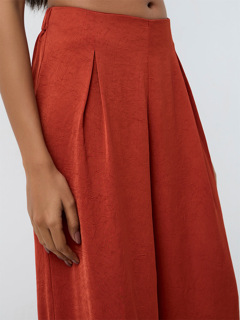 Wardrobe Rust Textured High-Rise Cotton Pants