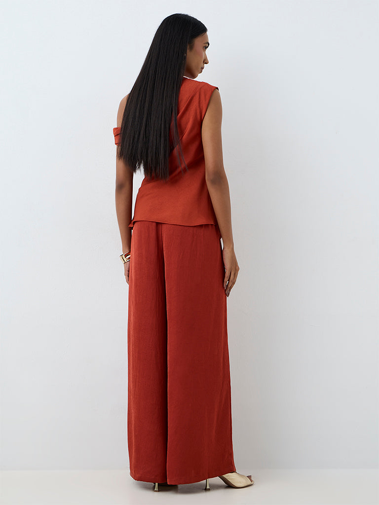 Wardrobe Rust Textured High-Rise Cotton Pants